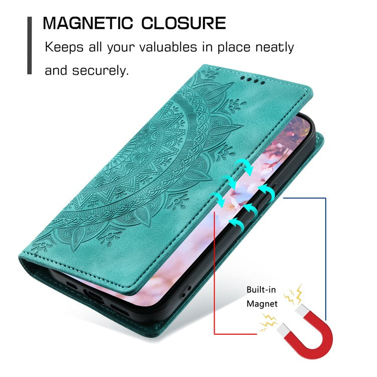 Style 010 For Motorola Moto G55 5G Case Mandala Pattern Magnetic Closing Leather Phone Cover - Mint Green