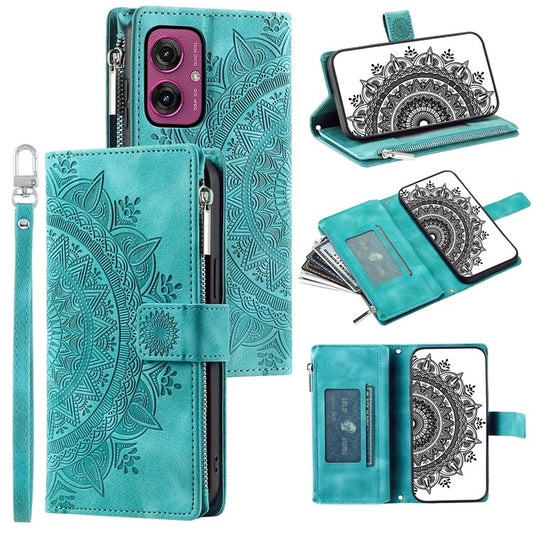 Style 006 For Motorola Moto G55 5G Wallet Case PU Leather Phone Cover Mandala Flower Pattern - Mint Green
