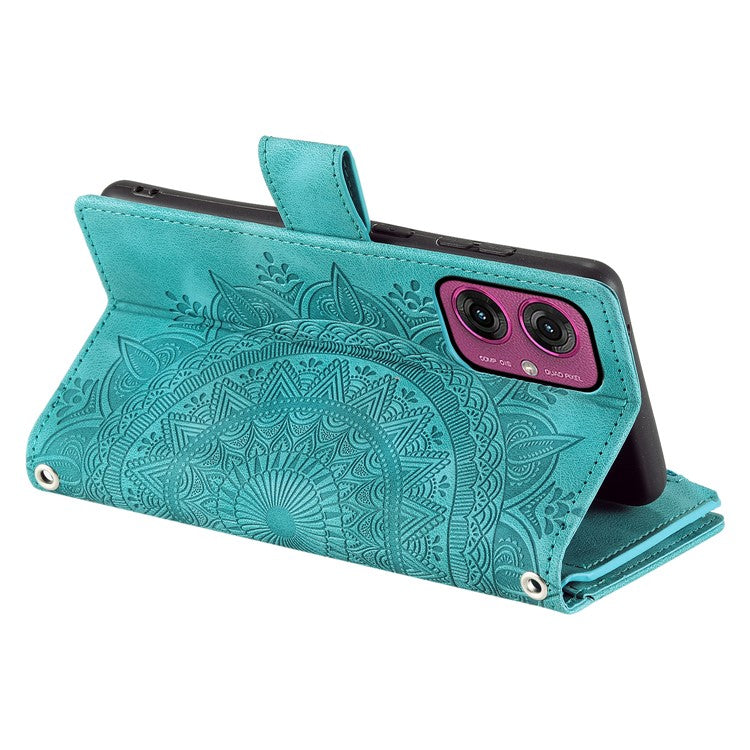 Style 006 For Motorola Moto G55 5G Wallet Case PU Leather Phone Cover Mandala Flower Pattern - Mint Green
