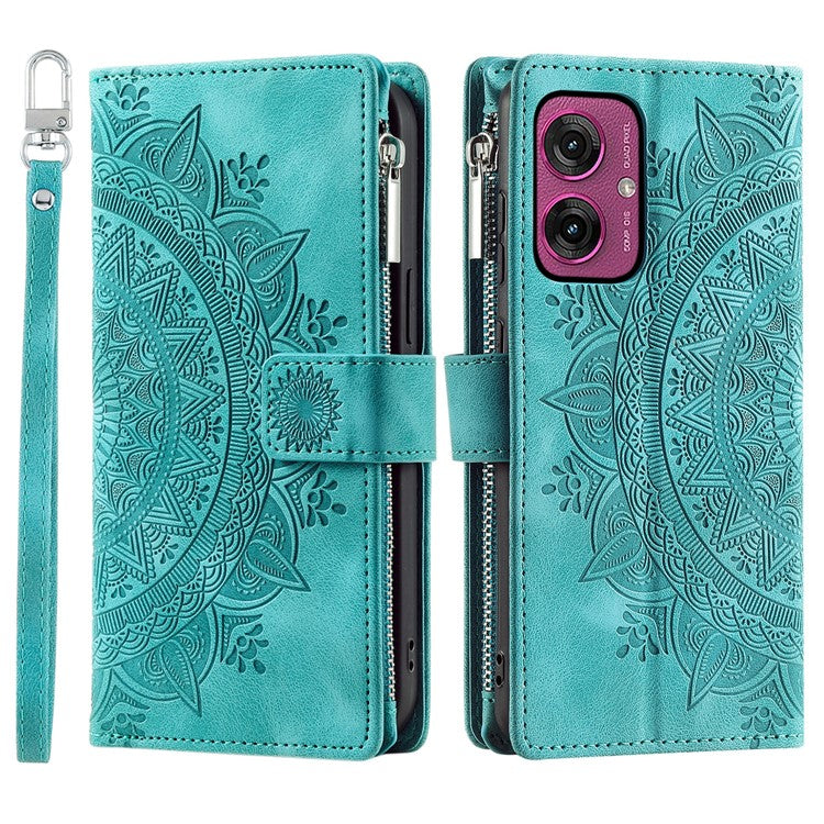 Style 006 For Motorola Moto G55 5G Wallet Case PU Leather Phone Cover Mandala Flower Pattern - Mint Green