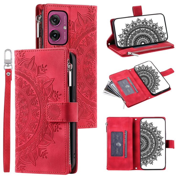 Style 006 For Motorola Moto G55 5G Wallet Case PU Leather Phone Cover Mandala Flower Pattern - Red