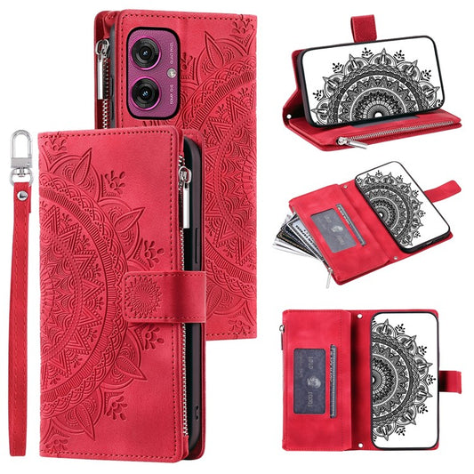 Style 006 For Motorola Moto G55 5G Wallet Case PU Leather Phone Cover Mandala Flower Pattern - Red