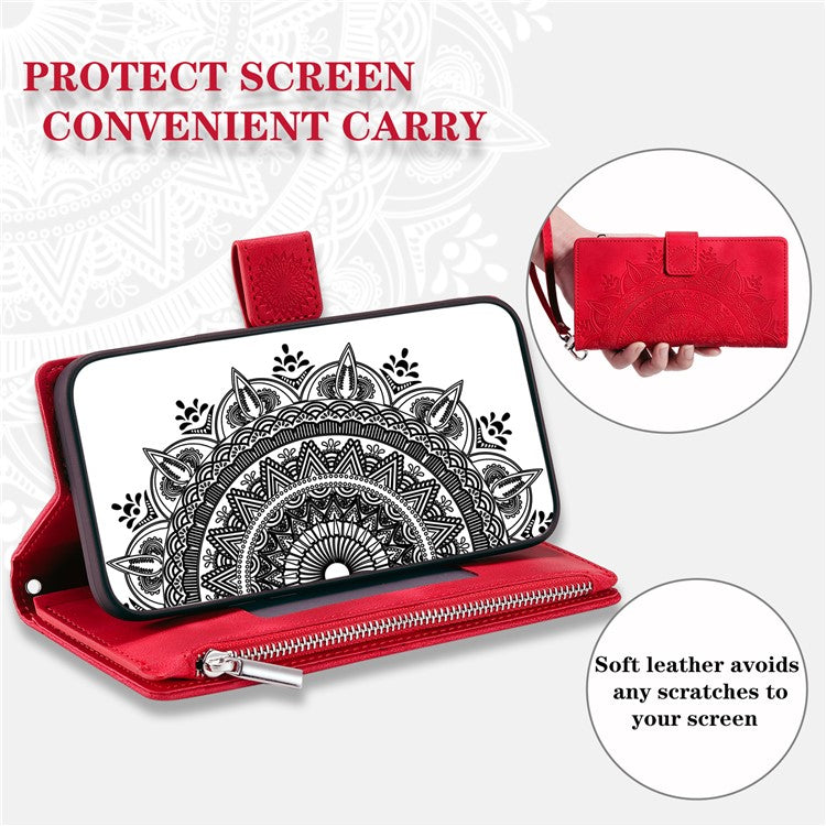 Style 006 For Motorola Moto G55 5G Wallet Case PU Leather Phone Cover Mandala Flower Pattern - Red
