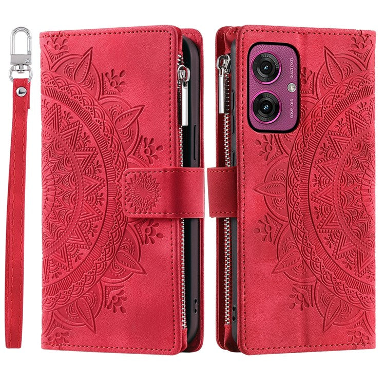 Style 006 For Motorola Moto G55 5G Wallet Case PU Leather Phone Cover Mandala Flower Pattern - Red