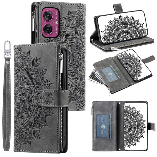 Style 006 For Motorola Moto G55 5G Wallet Case PU Leather Phone Cover Mandala Flower Pattern - Grey
