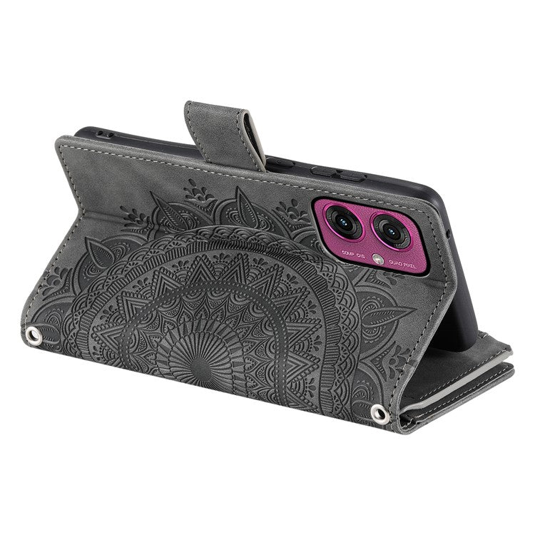 Style 006 For Motorola Moto G55 5G Wallet Case PU Leather Phone Cover Mandala Flower Pattern - Grey