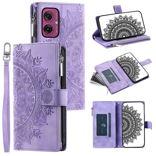 Style 006 For Motorola Moto G55 5G Wallet Case PU Leather Phone Cover Mandala Flower Pattern - Purple