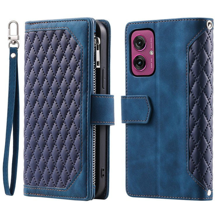 Style 005 For Motorola Moto G55 5G Wallet Case Rhombus Stitching Line PU Leather Phone Cover - Blue