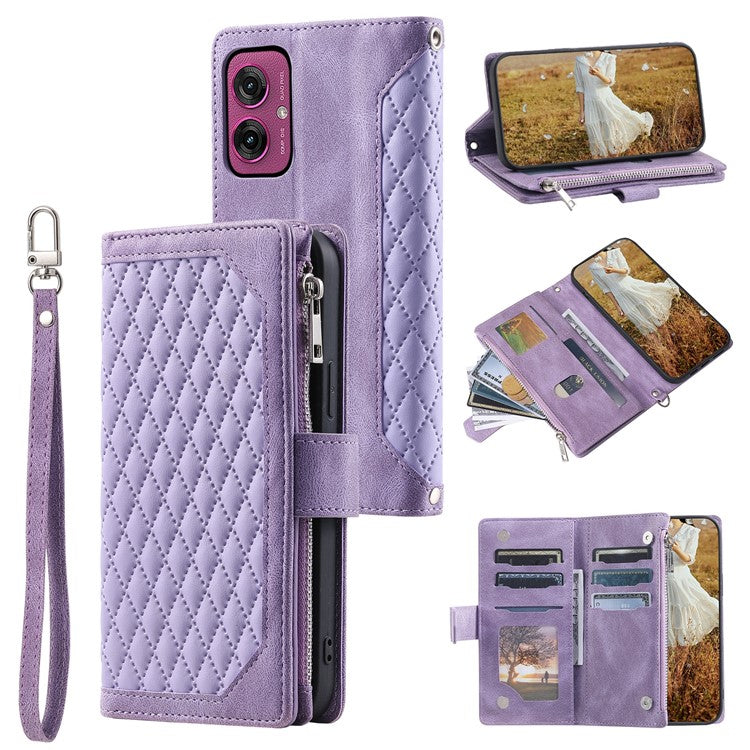 Style 005 For Motorola Moto G55 5G Wallet Case Rhombus Stitching Line PU Leather Phone Cover - Purple