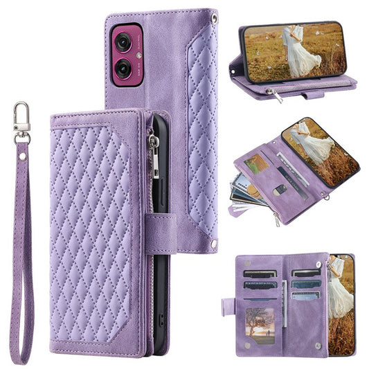 Style 005 For Motorola Moto G55 5G Wallet Case Rhombus Stitching Line PU Leather Phone Cover - Purple
