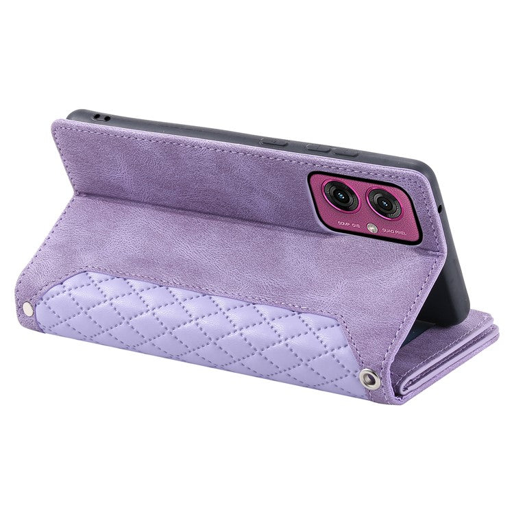Style 005 For Motorola Moto G55 5G Wallet Case Rhombus Stitching Line PU Leather Phone Cover - Purple