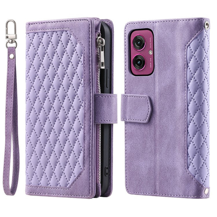 Style 005 For Motorola Moto G55 5G Wallet Case Rhombus Stitching Line PU Leather Phone Cover - Purple