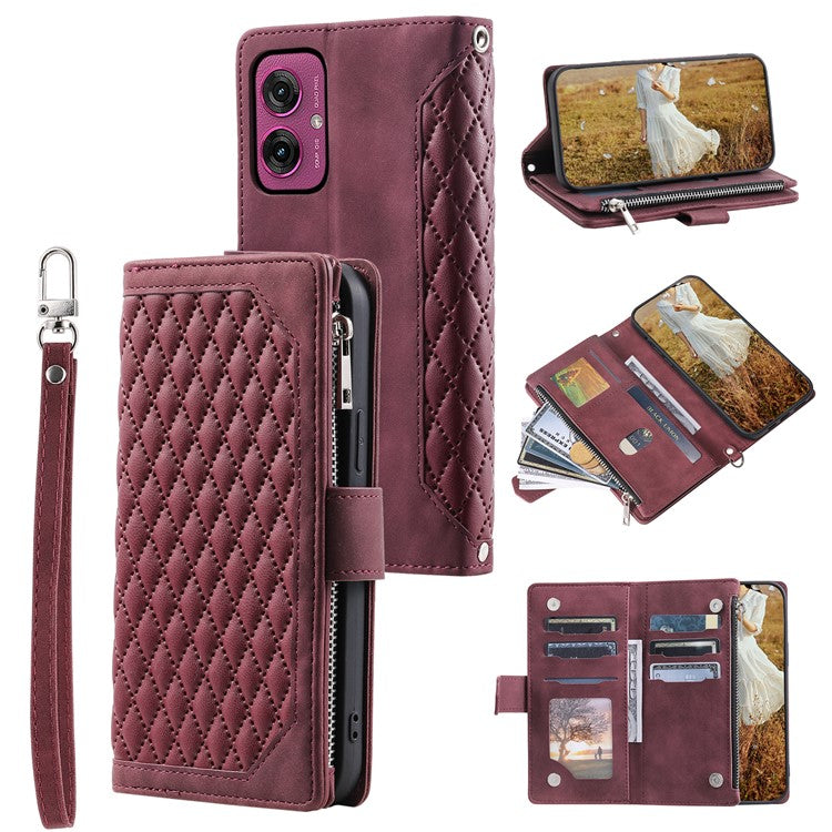 Style 005 For Motorola Moto G55 5G Wallet Case Rhombus Stitching Line PU Leather Phone Cover - Wine Red