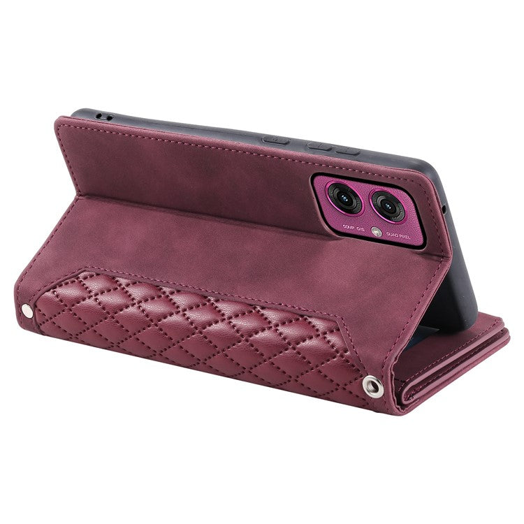 Style 005 For Motorola Moto G55 5G Wallet Case Rhombus Stitching Line PU Leather Phone Cover - Wine Red