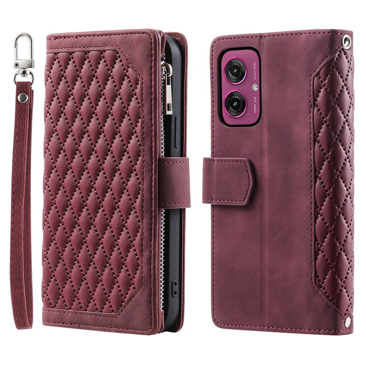 Style 005 For Motorola Moto G55 5G Wallet Case Rhombus Stitching Line PU Leather Phone Cover - Wine Red