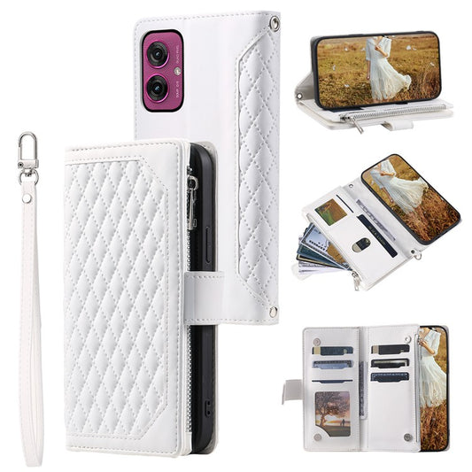 Style 005 For Motorola Moto G55 5G Wallet Case Rhombus Stitching Line PU Leather Phone Cover - White