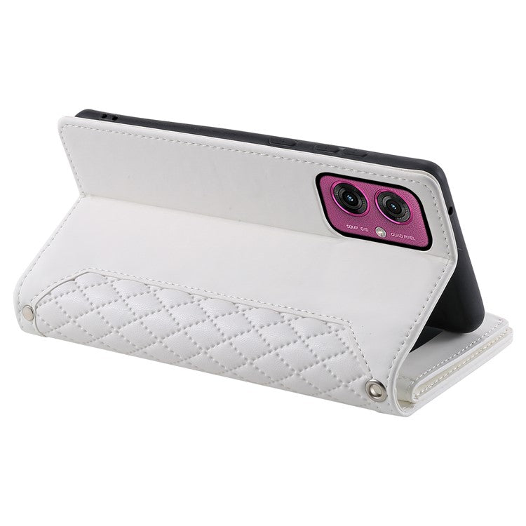 Style 005 For Motorola Moto G55 5G Wallet Case Rhombus Stitching Line PU Leather Phone Cover - White