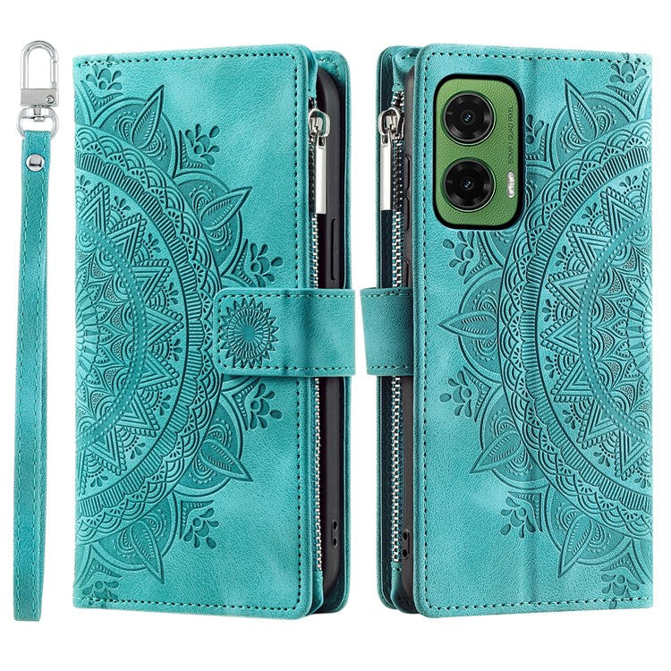 Style 006 For Motorola Moto G35 5G Wallet Case PU Leather Phone Cover Mandala Flower Pattern - Mint Green