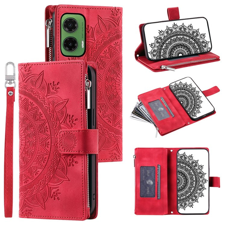 Style 006 For Motorola Moto G35 5G Wallet Case PU Leather Phone Cover Mandala Flower Pattern - Red