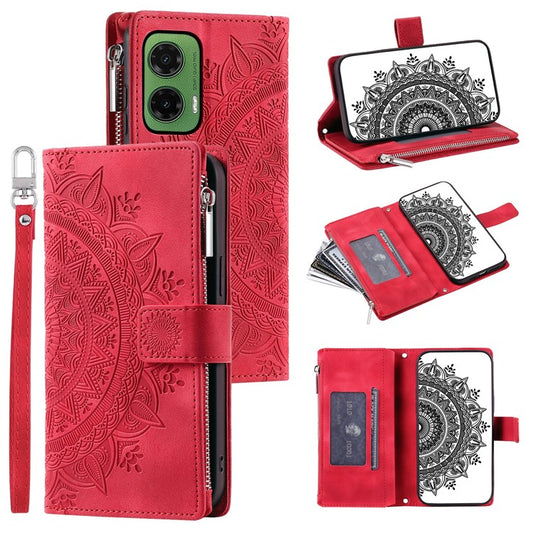 Style 006 For Motorola Moto G35 5G Wallet Case PU Leather Phone Cover Mandala Flower Pattern - Red
