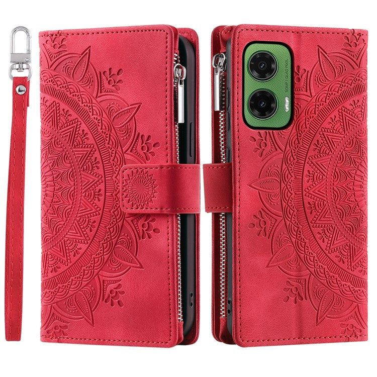 Style 006 For Motorola Moto G35 5G Wallet Case PU Leather Phone Cover Mandala Flower Pattern - Red