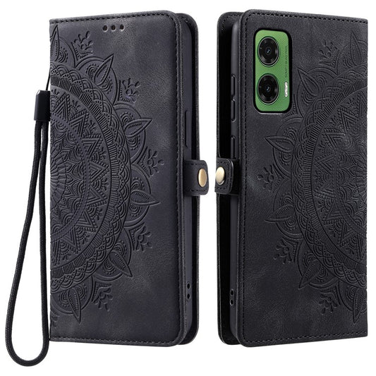 Style 016 For Motorola Moto G35 5G Case Skin Feel Totem Imprinted Wallet Leather Phone Cover - Black