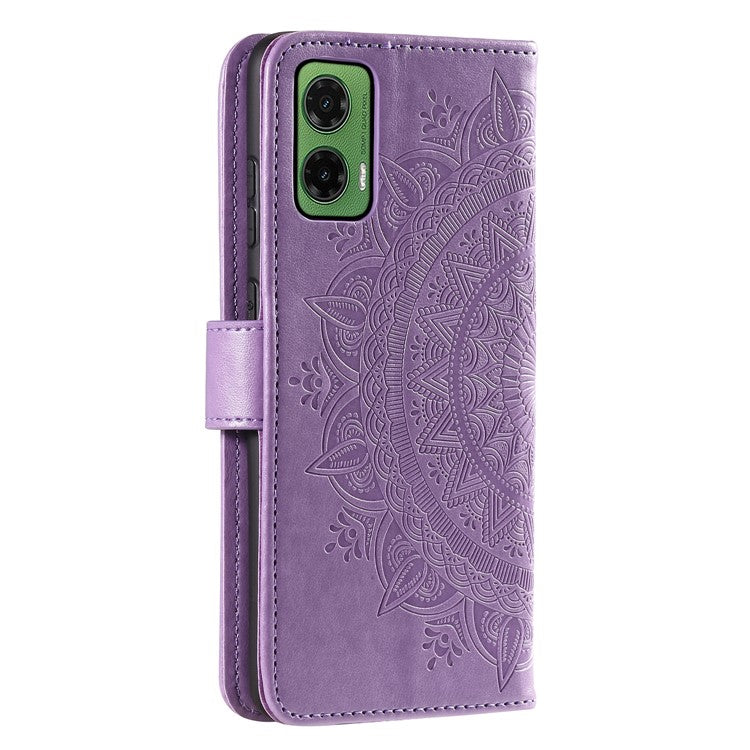 For Motorola Moto G35 5G Case Imprinted Totem PU Leather Wallet Stand Phone Cover - Purple