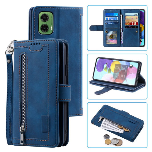 For Motorola Moto G35 5G Case PU Leather Phone Cover with Zipper Wallet 9 Card Slots - Blue