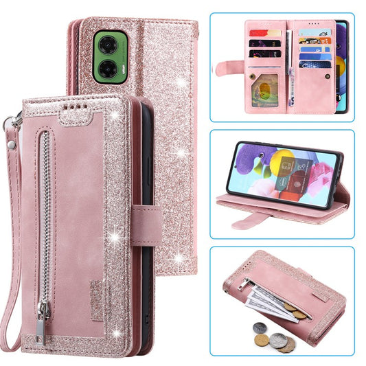 For Motorola Moto G35 5G Case PU Leather Phone Cover with Zipper Wallet 9 Card Slots - Rose Gold