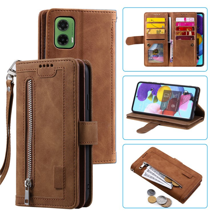 For Motorola Moto G35 5G Case PU Leather Phone Cover with Zipper Wallet 9 Card Slots - Brown