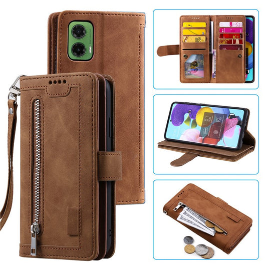 For Motorola Moto G35 5G Case PU Leather Phone Cover with Zipper Wallet 9 Card Slots - Brown