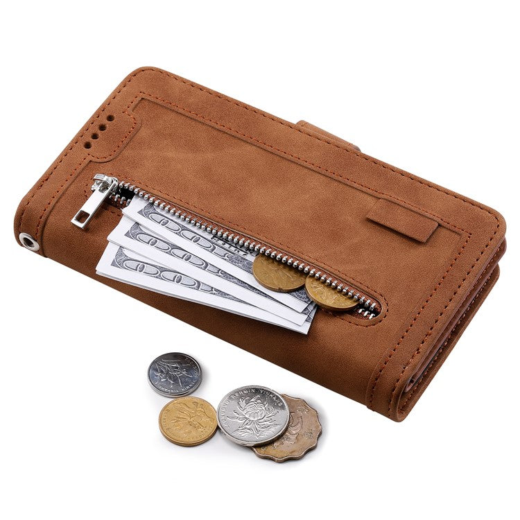 For Motorola Moto G35 5G Case PU Leather Phone Cover with Zipper Wallet 9 Card Slots - Brown