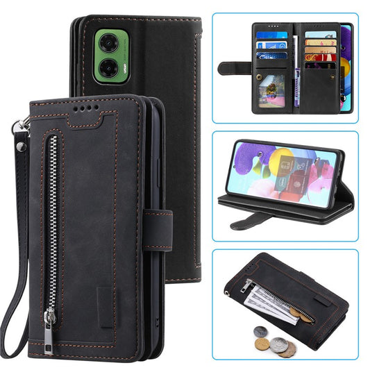 For Motorola Moto G35 5G Case PU Leather Phone Cover with Zipper Wallet 9 Card Slots - Black
