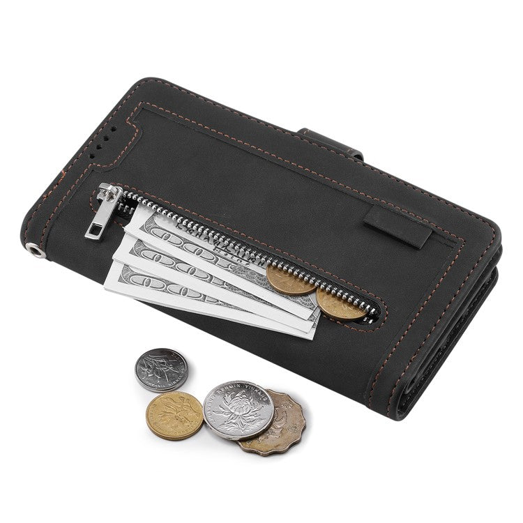 For Motorola Moto G35 5G Case PU Leather Phone Cover with Zipper Wallet 9 Card Slots - Black