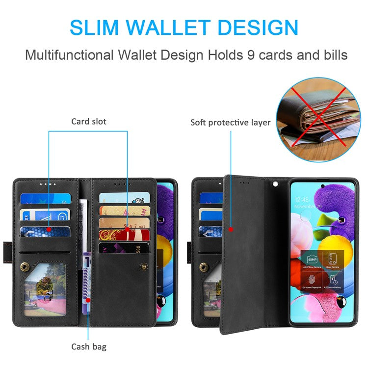 For Motorola Moto G35 5G Case PU Leather Phone Cover with Zipper Wallet 9 Card Slots - Black