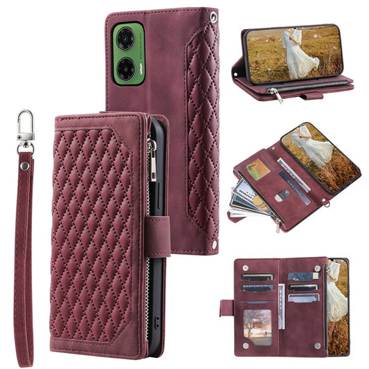 Style 005 For Motorola Moto G35 5G Wallet Case Rhombus Stitching Line PU Leather Phone Cover - Wine Red