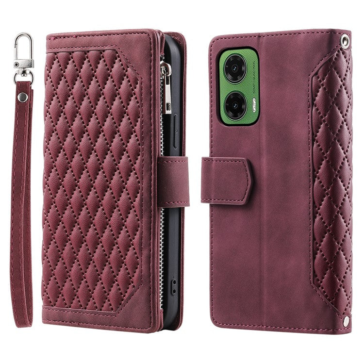 Style 005 For Motorola Moto G35 5G Wallet Case Rhombus Stitching Line PU Leather Phone Cover - Wine Red