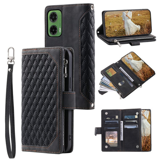 Style 005 For Motorola Moto G35 5G Wallet Case Rhombus Stitching Line PU Leather Phone Cover - Black