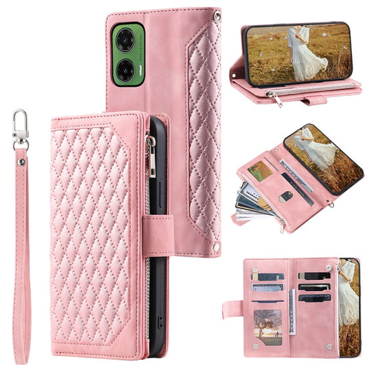 Style 005 For Motorola Moto G35 5G Wallet Case Rhombus Stitching Line PU Leather Phone Cover - Rose Gold