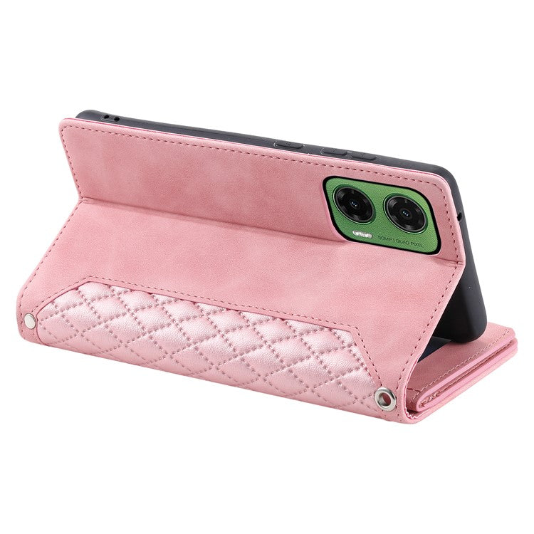 Style 005 For Motorola Moto G35 5G Wallet Case Rhombus Stitching Line PU Leather Phone Cover - Rose Gold