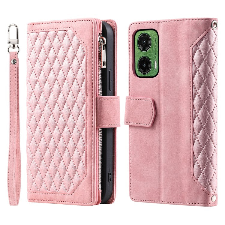 Style 005 For Motorola Moto G35 5G Wallet Case Rhombus Stitching Line PU Leather Phone Cover - Rose Gold