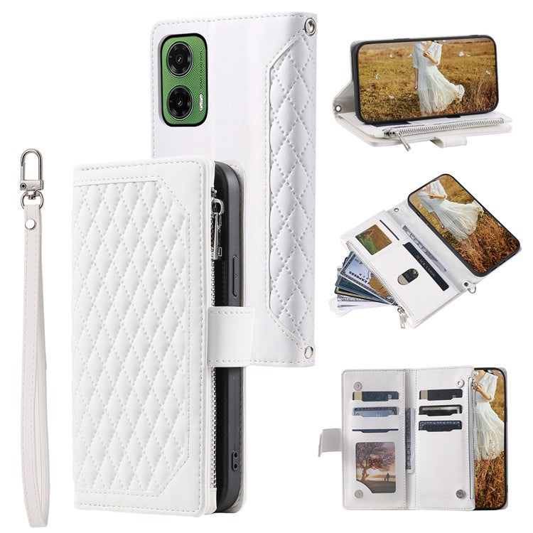 Style 005 For Motorola Moto G35 5G Wallet Case Rhombus Stitching Line PU Leather Phone Cover - White