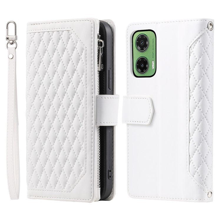 Style 005 For Motorola Moto G35 5G Wallet Case Rhombus Stitching Line PU Leather Phone Cover - White