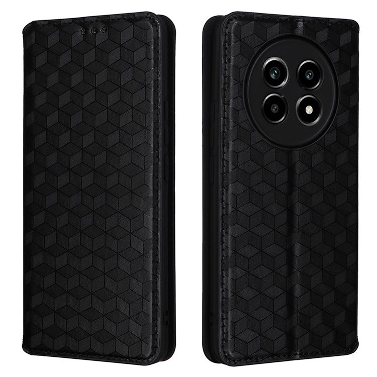 For Realme 13+ 5G / 13 Pro 5G (China) Wallet Case Rhombus Imprinted Leather Phone Cover - Black