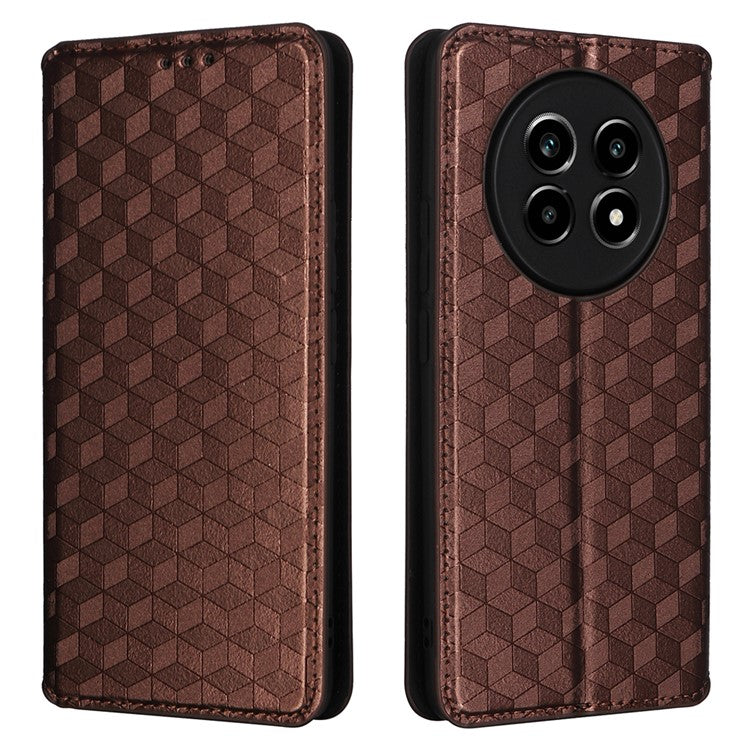 For Realme 13+ 5G / 13 Pro 5G (China) Wallet Case Rhombus Imprinted Leather Phone Cover - Brown