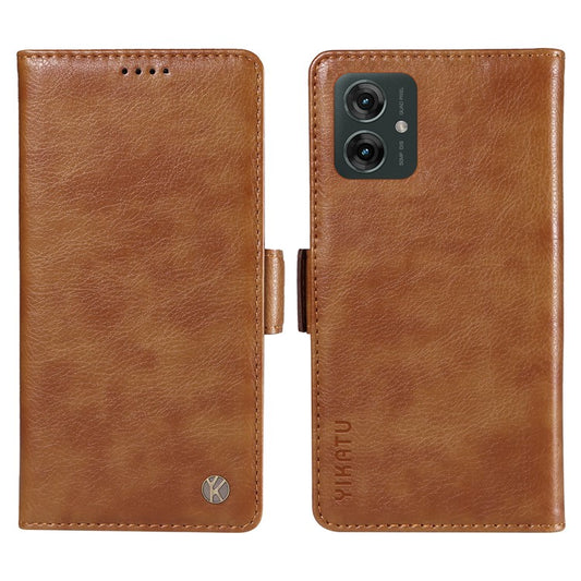 YIKATU YK-007 For Motorola Moto G55 5G Case Side Buckle PU Leather Phone Cover Litchi Texture - Brown