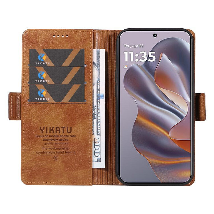 YIKATU YK-007 For Motorola Moto G55 5G Case Side Buckle PU Leather Phone Cover Litchi Texture - Brown