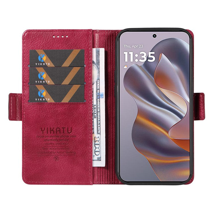 YIKATU YK-007 For Motorola Moto G55 5G Case Side Buckle PU Leather Phone Cover Litchi Texture - Wine Red