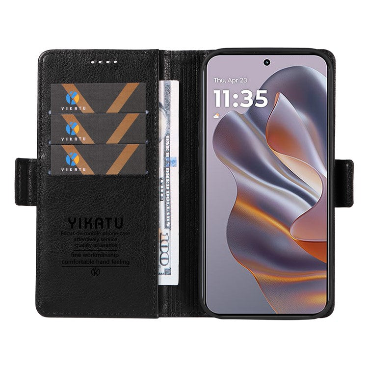 YIKATU YK-007 For Motorola Moto G55 5G Case Side Buckle PU Leather Phone Cover Litchi Texture - Black
