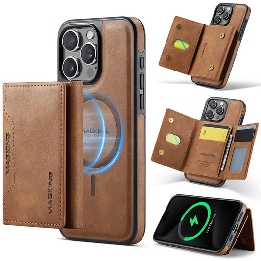 MAGKING K2 Series For iPhone 14 Pro Case Compatible with MagSafe PC+TPU+PU Leather RFID Blocking Phone Cover with Wallet - Brown